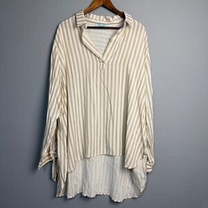 She Sky Beige Tan Stripe Tunic‎ Top Cottagecore V-Neck High Low Tie Sleeve 2XL